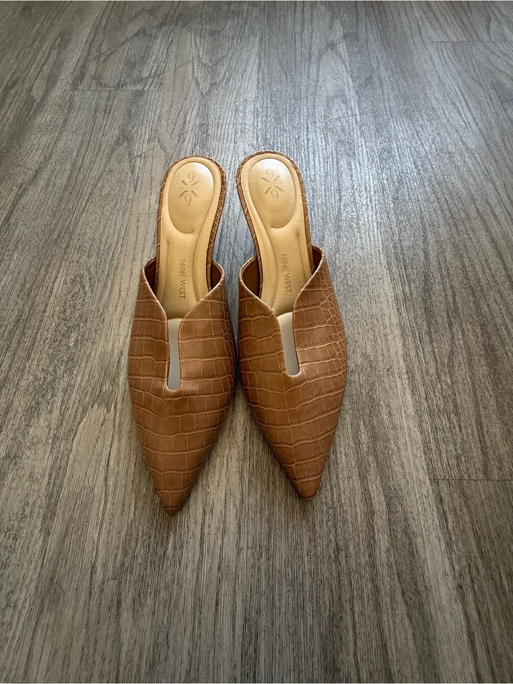 Nine West Cognac Croc-Embossed Pointed Slip-On Mules